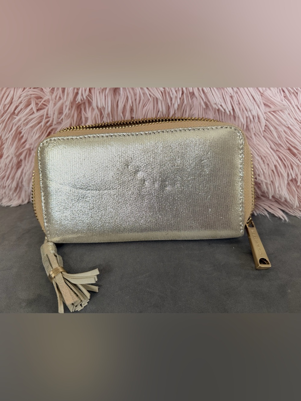 Rebecca Taylor Metallic Gold Tassel Zip Wristlet